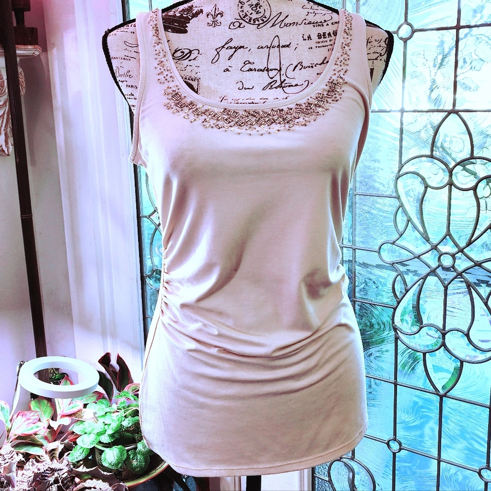WHBM Embellished Rouched Sleeveless Beige Top NWOT Small